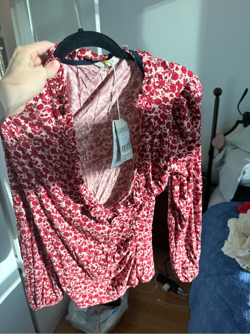 Boden Red and Cream Floral Ruched V-Neck Blouse